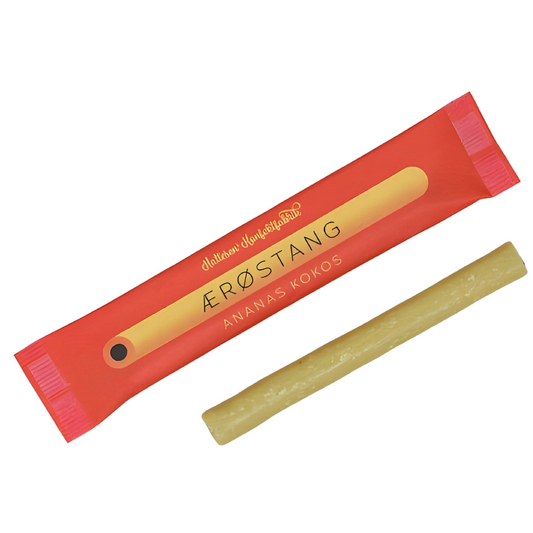 Hattesens Konfektfabrik Ærøstang: Ananas Kokos 25 g – glutenfri og vegansk konfektstang af naturlige råvarer med tropisk ananas, kokos og dyb lakrids, lakridshåndværk fra Ærø