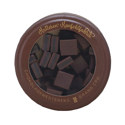 Hattesens Konfektfabrik Grand Cru Æske 125 g – glutenfri og vegansk lakridskonfekt med Friis-Holm chokolade og appelsinskal, lavet af naturlige råvarer, elegant konfektæske til gave og forkælelse