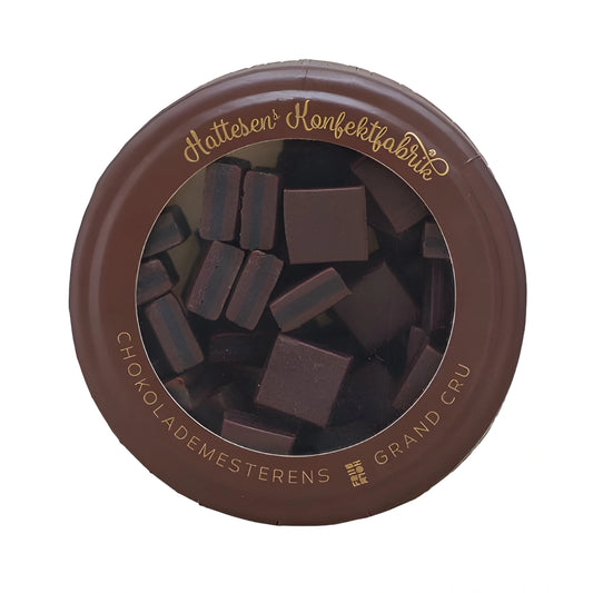 Hattesens Konfektfabrik Grand Cru Æske 125 g – glutenfri og vegansk lakridskonfekt med Friis-Holm chokolade og appelsinskal, lavet af naturlige råvarer, elegant konfektæske til gave og forkælelse