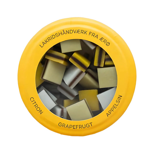 Hattesens Konfektfabrik Gul Æske 125 g – glutenfri og vegansk lakridskonfekt med citron, appelsin og grapefrugt, lakridshåndværk fra Ærø i elegant konfektæske
