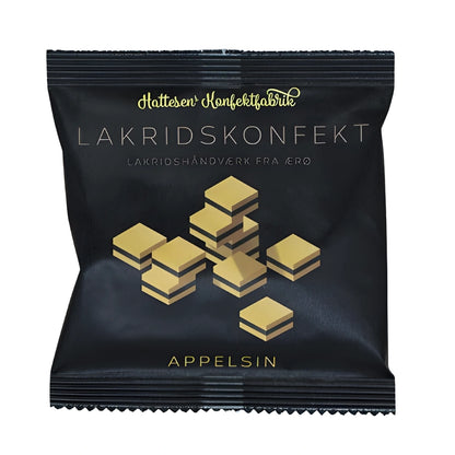 Hattesens Konfektfabrik Pose: Appelsin 32 g – små glutenfri og veganske konfektstykker af naturlige råvarer med appelsinolie og lakrids, blød lakridskonfekt med frisk citrusnote, lakridshåndværk fra Ærø