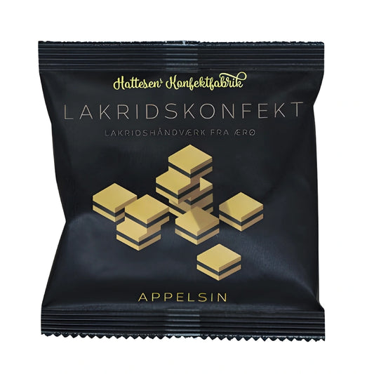 Hattesens Konfektfabrik Pose: Appelsin 32 g – små glutenfri og veganske konfektstykker af naturlige råvarer med appelsinolie og lakrids, blød lakridskonfekt med frisk citrusnote, lakridshåndværk fra Ærø