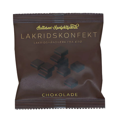 Hattesens Konfektfabrik Pose: Chokolade 32 g – små glutenfri, laktosefri og veganske konfektstykker med lakrids, kakao og Friis Holm chokolade (70%), lavet af naturlige råvarer, dansk lakridshåndværk fra Ærø