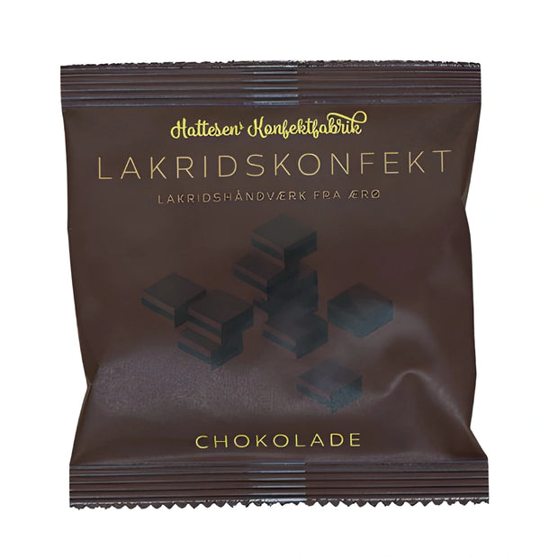 Hattesens Konfektfabrik Pose: Chokolade 32 g – små glutenfri, laktosefri og veganske konfektstykker med lakrids, kakao og Friis Holm chokolade (70%), lavet af naturlige råvarer, dansk lakridshåndværk fra Ærø