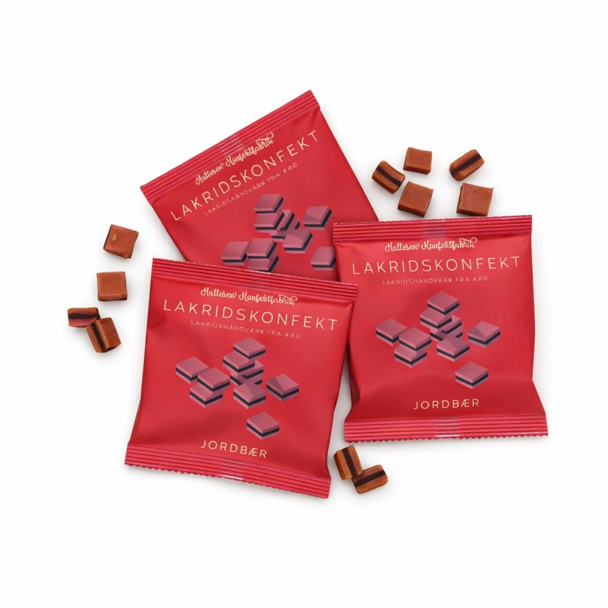 Tre poser Hattesens Konfektfabrik Pose: Jordbær 32 g – glutenfri, laktosefri og veganske konfektstykker af naturlige råvarer med jordbærsmag og lakrids, små bløde stykker til snack og sød forkælelse