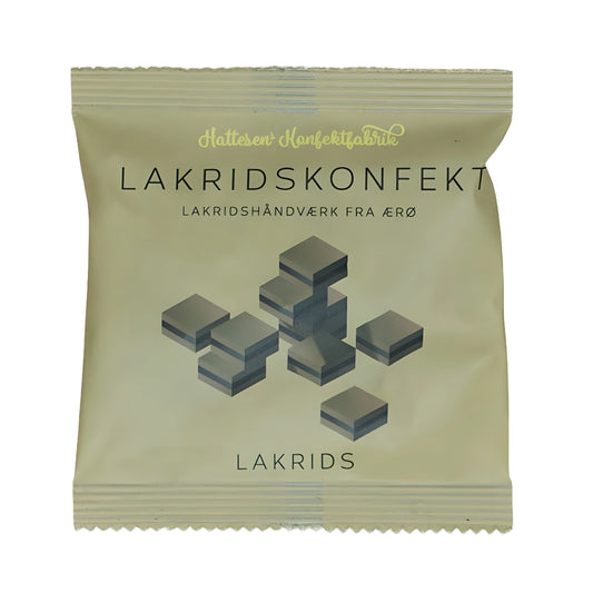 Hattesens Konfektfabrik Pose: Lakrids 32 g – små glutenfri og veganske konfektstykker med rå lakrids og salmiak, lakridshåndværk fra Ærø med intens, dyb smag og anisnoter