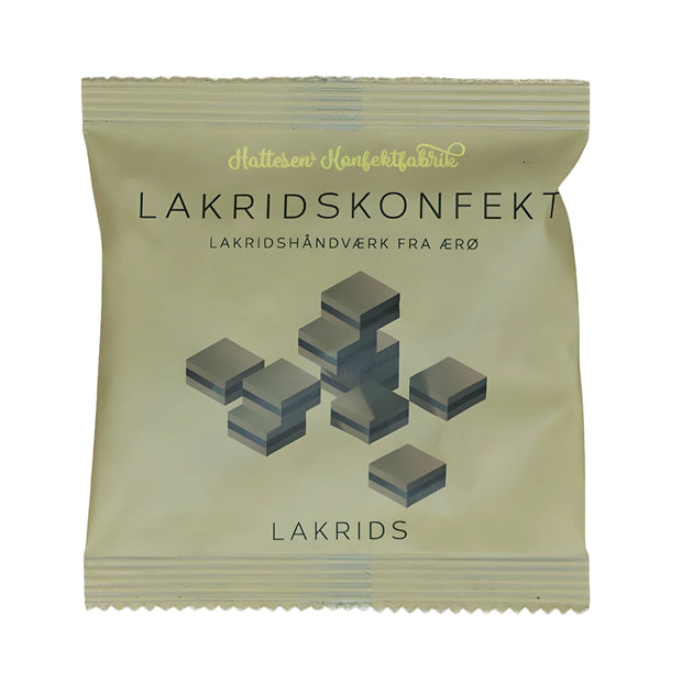 Hattesens Konfektfabrik Pose: Lakrids 32 g – små glutenfri og veganske konfektstykker med rå lakrids og salmiak, lakridshåndværk fra Ærø med intens, dyb smag og anisnoter