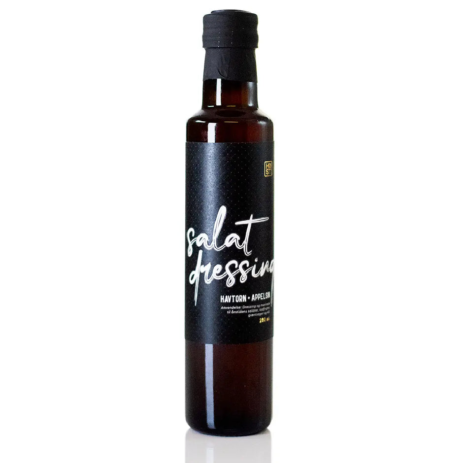 HØST salatdressing med havtorn og appelsin, 250 ml – frugtig dressing med æblecidereddike, havtorn (1,8%) og appelsin (1,8%), med SOYA og SESAMFRØ, samt ingefær og peber, til salater og grøntsager