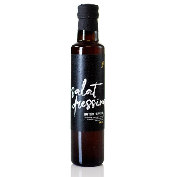 HØST salatdressing med havtorn og appelsin, 250 ml – frugtig dressing med æblecidereddike, havtorn (1,8%) og appelsin (1,8%), med SOYA og SESAMFRØ, samt ingefær og peber, til salater og grøntsager
