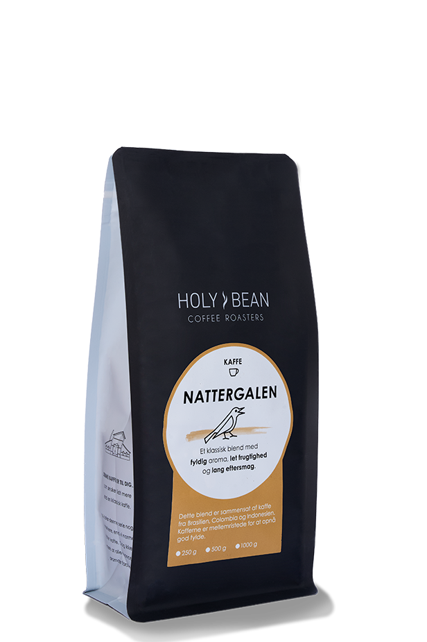 Holy Bean Nattergalen filterkaffe blend med kaffe fra Brasilien, Colombia og Indonesien i 1kg pose