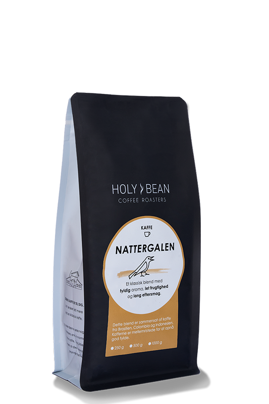 Holy Bean Nattergalen filterkaffe blend med kaffe fra Brasilien, Colombia og Indonesien i 1kg pose