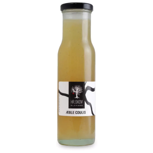Flaske med Hr. Skov æble coulis – sød-syrlig frugtsauce med æbler (29%) og et strejf af vanilje, 23 cl, velegnet til desserter, kager, is og ostebord