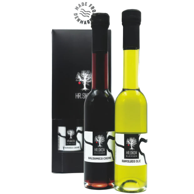 Hr. Skov gaveæske med balsamico creme 20 cl og ramsløg olie 20 cl – delikatessesæt til salater, brød, pasta, grøntsager, marinader og som smagfuld finish