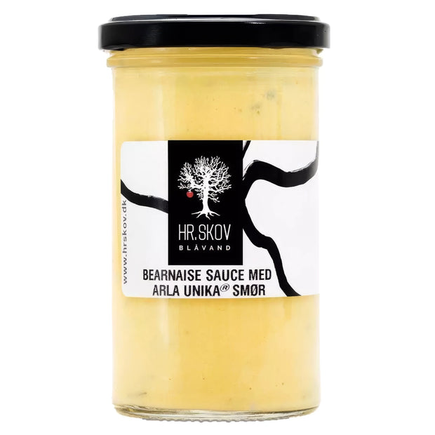Glas med Hr. Skov bearnaise sauce – cremet bearnaisesauce med estragon og smør, 245 g, velegnet til bøf, grillmad, steak-sandwich, pommes frites og grøntsager