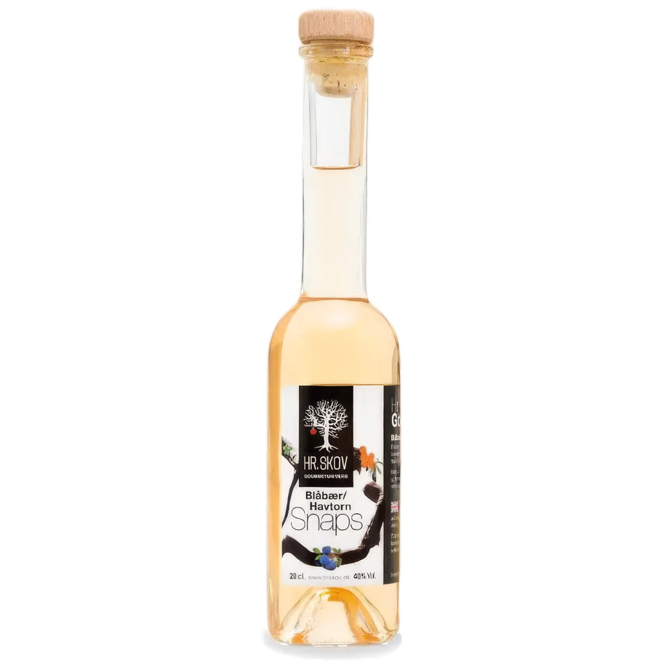 Flaske med Hr. Skov Blåbær & havtorn snaps – frugtig snaps med blåbær og havtorn, 20 cl og 38% alkohol, velegnet til frokostbord og ostebord