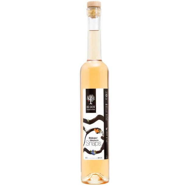 Flaske med Hr. Skov Blåbær & havtorn snaps – frugtig snaps med blåbær og havtorn, 50 cl og 38% alkohol, velegnet til frokostbord og ostebord