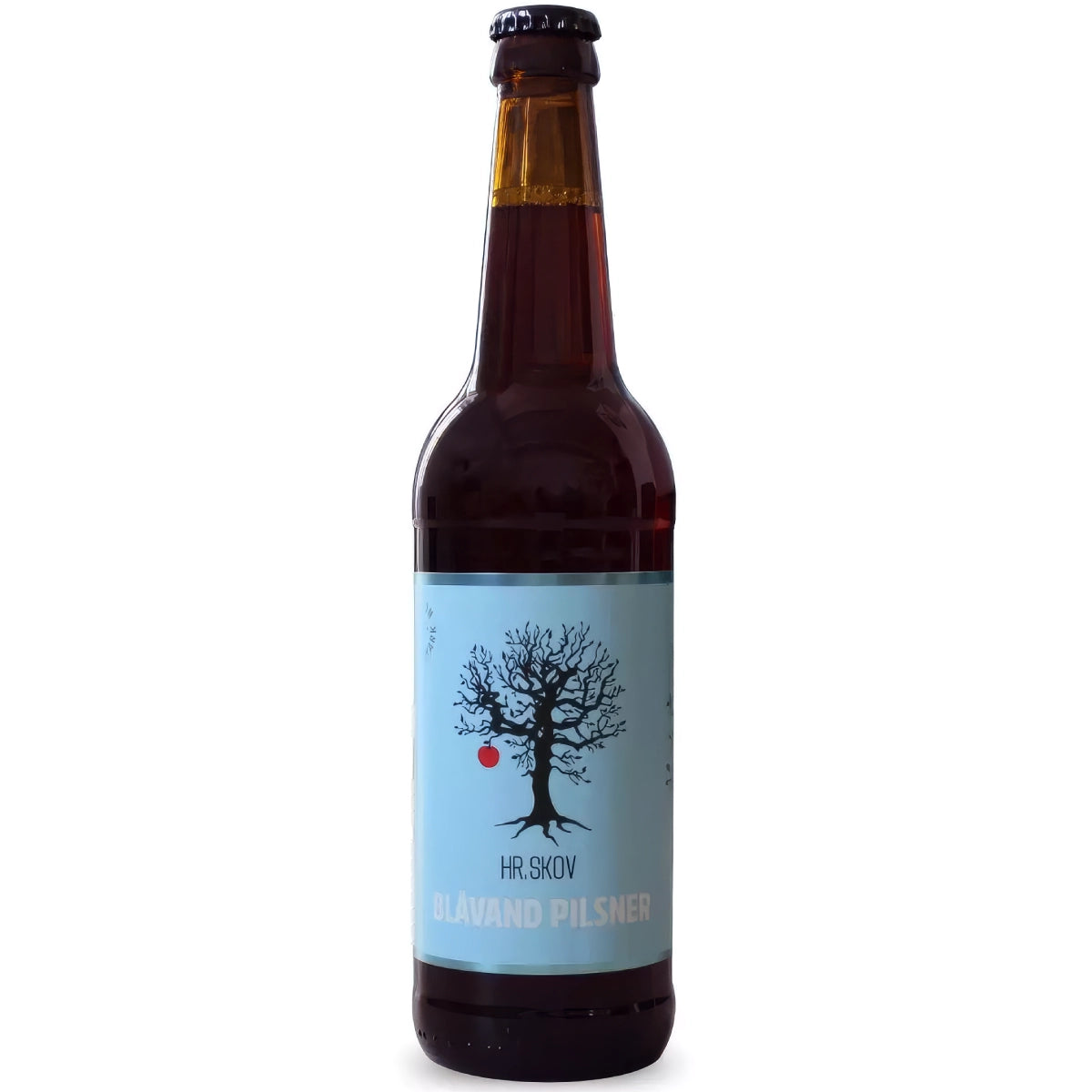 Flaske med Hr. Skov Blåvand pilsner – lys undergæret pilsner brygget på bygmalt med humle, gær og hyldeblomst, 50 cl og 5,2% alkohol, frisk og læskende øl til mad og hygge