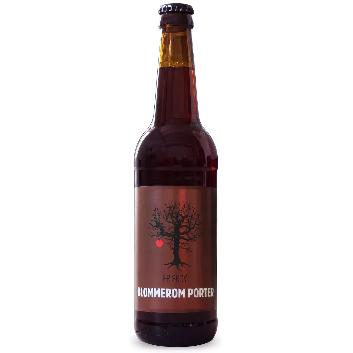 Flaske med Hr. Skov Blommerom porter – mørk porter brygget på bygmalt med rom og blommer, 50 cl og 7,8% alkohol, fyldig øl til dessert og ost