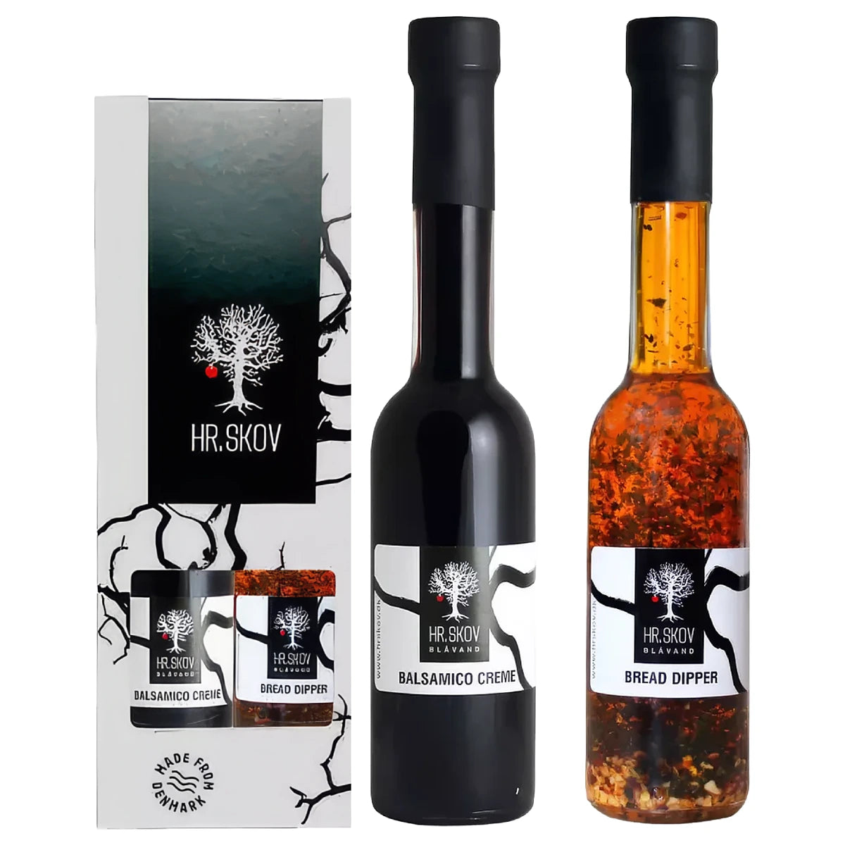 Hr. Skov gaveæske med Bread dipper 20 cl og Balsamico creme 20 cl – delikatessesæt til brøddyp, tapas, salater, grøntsager og marinader, flot gaveidé med to populære smagsløfter