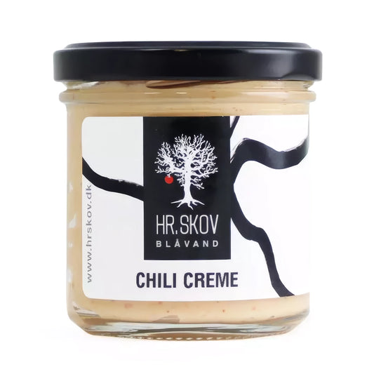 Hr. Skov Chili Creme 130 g – cremet mayonnaisebaseret chilicreme med chili (7%) og cayennepeber, perfekt til burger, sandwich, smørrebrød, tapas og som dip til pommes frites og grøntsagsstave
