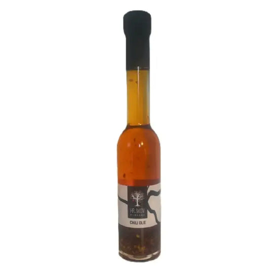Hr. Skov Chili Olie 20 cl – stærk rapsolie med tørrede chilikerner (7% chili), velegnet til dressinger, marinader og thai/asiatisk mad