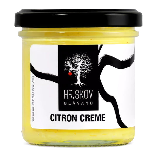 Glas med Hr. Skov citron creme – cremet citronmayonnaise med citron (3%) og citronsaft (2%), lavet med rapsolie og æggeblommer, 130 g, til fisk, skaldyr, sandwich og dip