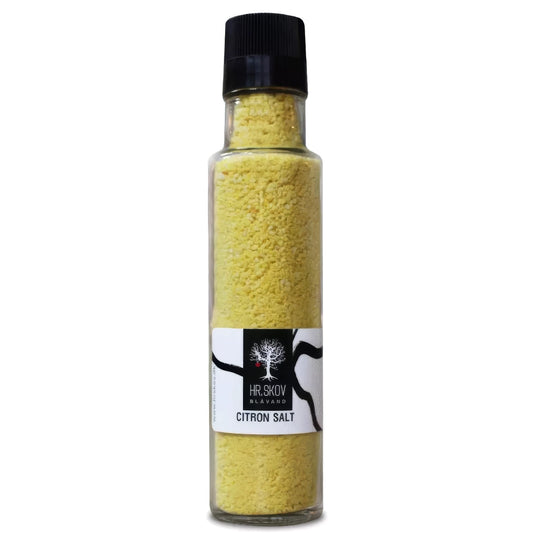 Hr. Skov citron salt i kværn – saltblanding med citron (7%), gurkemeje og morgenfrue, 275 g, til fisk, skaldyr, grøntsager, salater og kartofler
