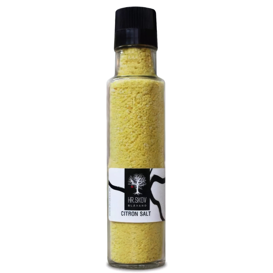 Hr. Skov citron salt i kværn – saltblanding med citron (7%), gurkemeje og morgenfrue, 275 g, til fisk, skaldyr, grøntsager, salater og kartofler