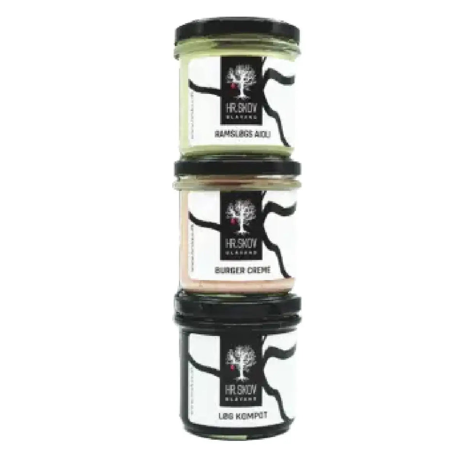 Hr. Skov Deluxe Burger Kit gaveæske med 3 glas – Ramsløgs aioli, Løg kompot og Burger creme til hjemmelavede burgers, inkl. burger opskrift, perfekt til burgeraften og gave