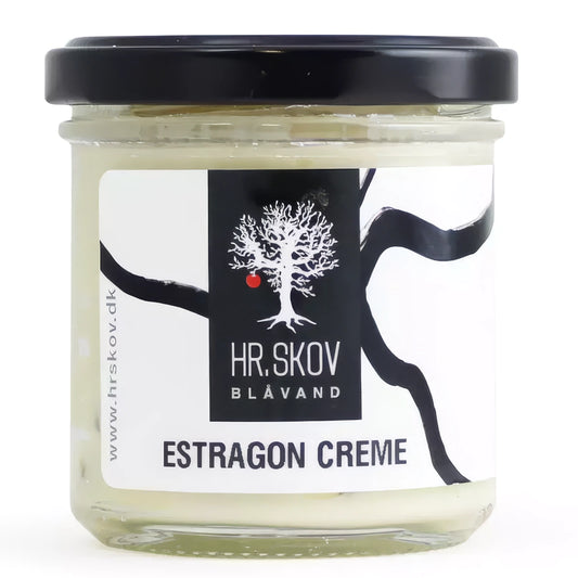 Glas med Hr. Skov estragon creme – cremet estragonmayonnaise med estragon (3%), lavet med rapsolie og pasteuriserede æggeblommer, 130 g, til bøf, grillmad, pommes frites og sandwich