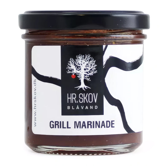 Glas med Hr. Skov grill marinade – sød-krydret marinade med brun farin, æbler, hyben og soya, 160 g, velegnet til grillkød, ovnretter og grillede grøntsager
