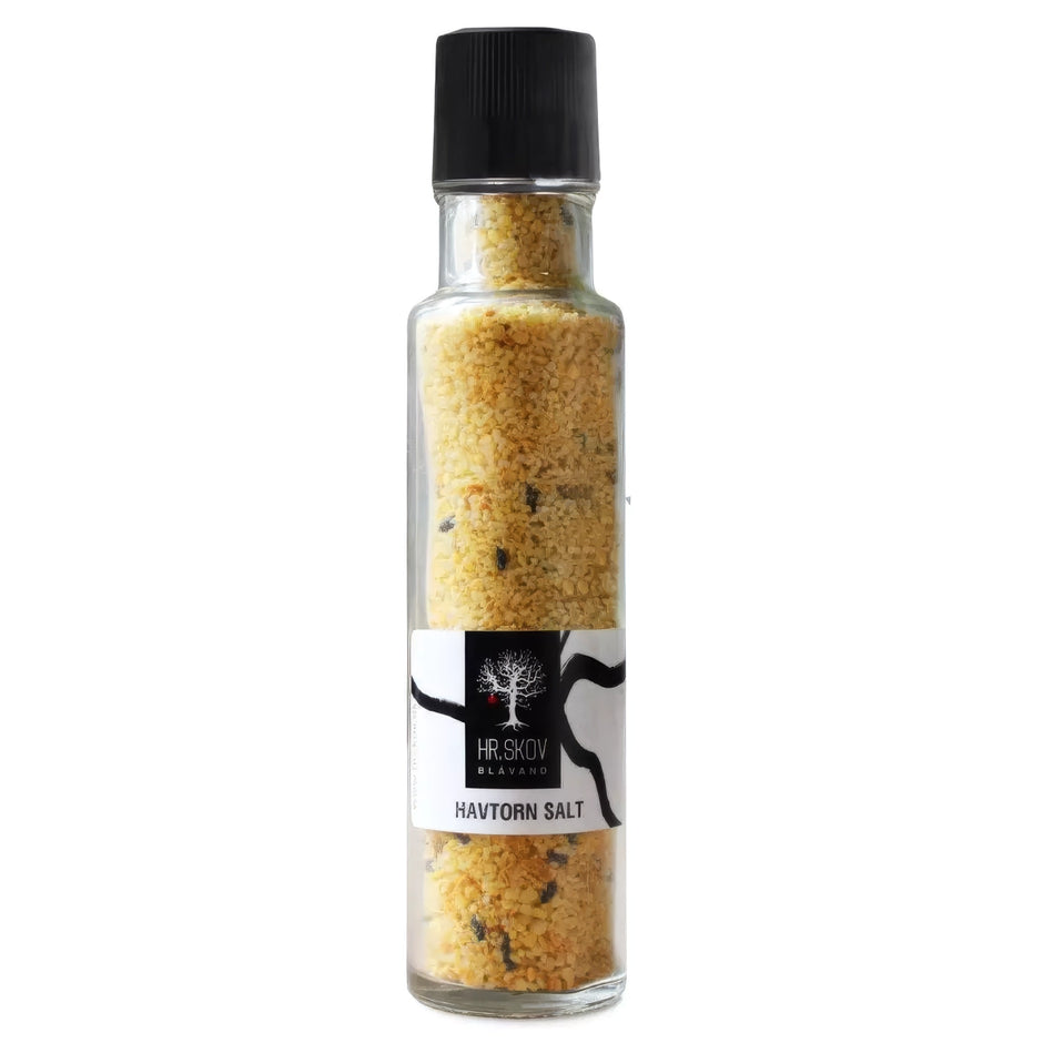 Hr. Skov havtorn salt i glas – salt (84%) med havtorn (16%) og synlige sorte havtornkerner, 260 g, til krydring af fisk, skaldyr, æg, kartofler og grøntsager