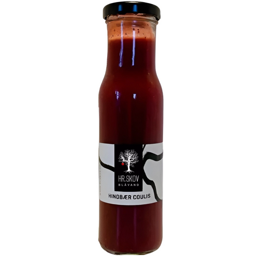 Hr. Skov Hindbær Coulis – cremet bær-coulis med blendede hindbær og jordbær, frugtig smag til skyr, pandekager, desserter og cocktails