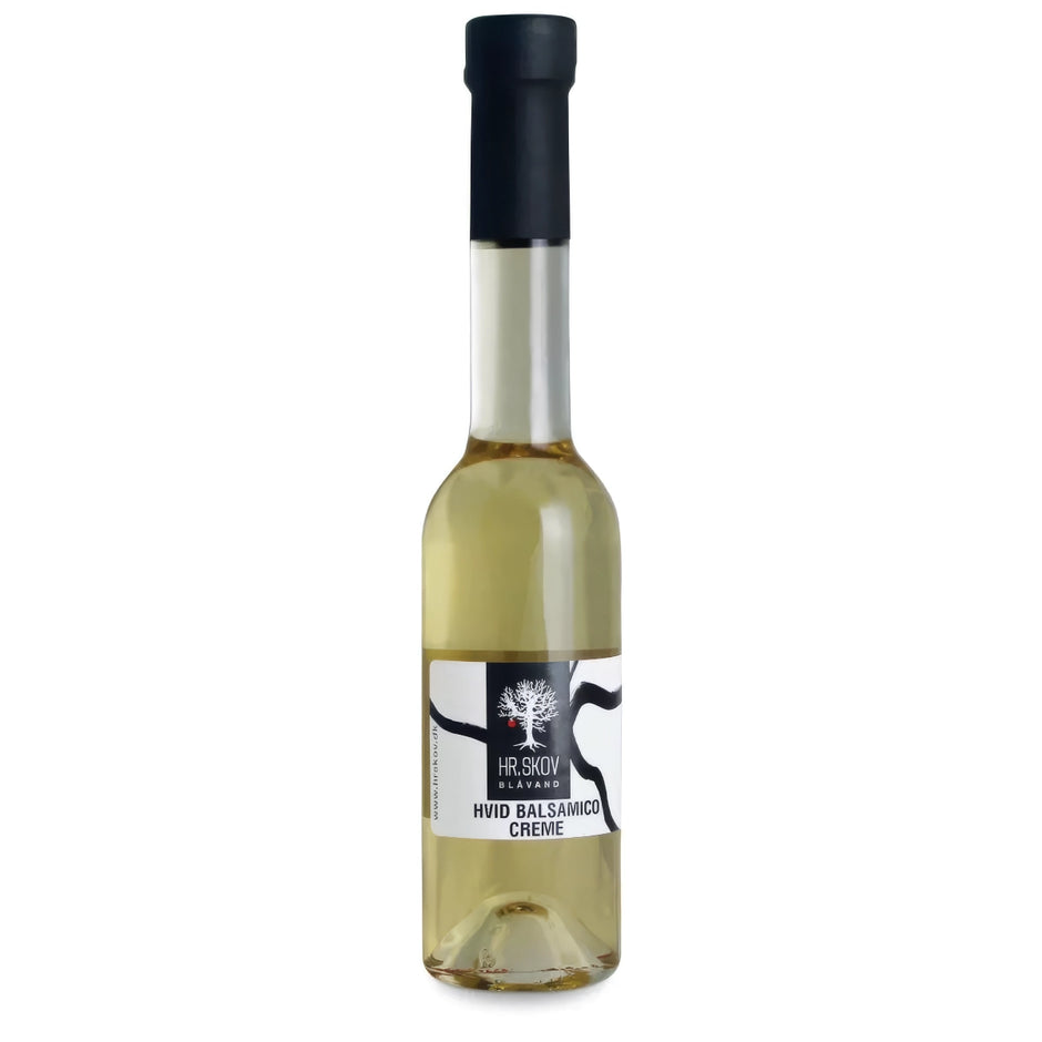 Flaske med Hr. Skov hvid balsamico – sød hvid balsamico (43%) med mild syre, 20 cl, velegnet til salater, dressinger, marinader, fisk og grøntsager