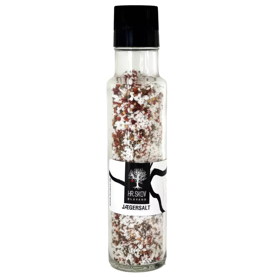 Hr. Skov Jægersalt i glas – krydderisalt med rød og grøn paprika, gul sennep og kommen, 275 g, velegnet til steak, vildt, kylling, okse og grillretter