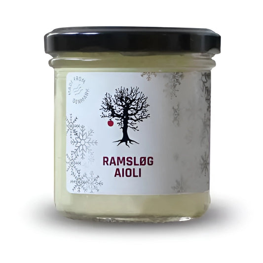 Hr. Skov Jule ramsløgs aioli 130 g – cremet aioli med 7% ramsløg, pasteuriserede æggeblommer og hvidløg, perfekt som dip og tilbehør til tapas, kartofler, fisk og sandwich