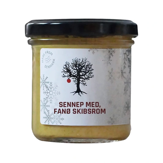 Hr. Skov Jule sennep med Fanø Skibsrom 155 g – dansk julesennep med brun farin og rom (0,7%), kraftig og rund smag til julebord, pølser, ost, tapas og som base i dressing