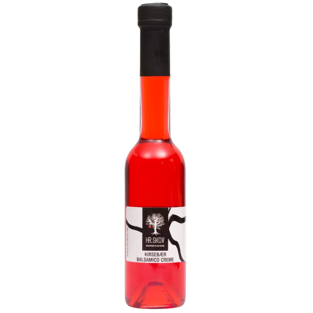 Flaske med Hr. Skov kirsebær balsamico – sød frugteddike med hvid balsamico (18%) og kirsebær (2%), 20 cl, til salater, dressinger, ostebord og glasering