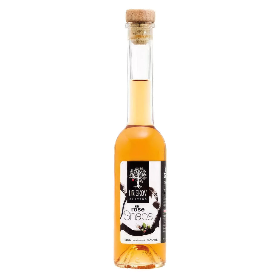 Flaske med Hr. Skov Klitrose snaps – dansk snaps med aromatisk klitrose, 20 cl og 38% alkohol, velegnet til frokostbord, sild og fiskeretter