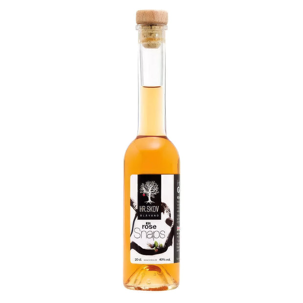 Flaske med Hr. Skov Klitrose snaps – dansk snaps med aromatisk klitrose, 20 cl og 38% alkohol, velegnet til frokostbord, sild og fiskeretter