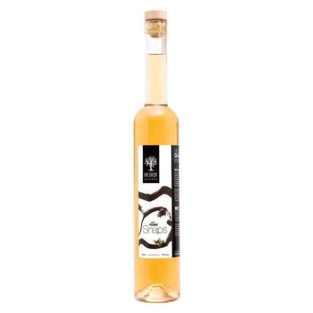 Flaske med Hr. Skov Klitrose snaps – dansk snaps med aromatisk klitrose, 50 cl og 38% alkohol, velegnet til frokostbord, sild og fiskeretter