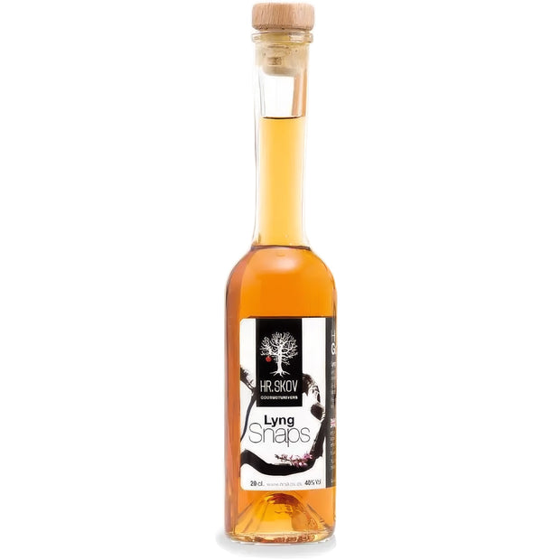 Flaske med Hr. Skov Lyng snaps – dansk snaps med aromatisk lyng, 20 cl og 38% alkohol, velegnet til frokostbord, sild og fiskeretter