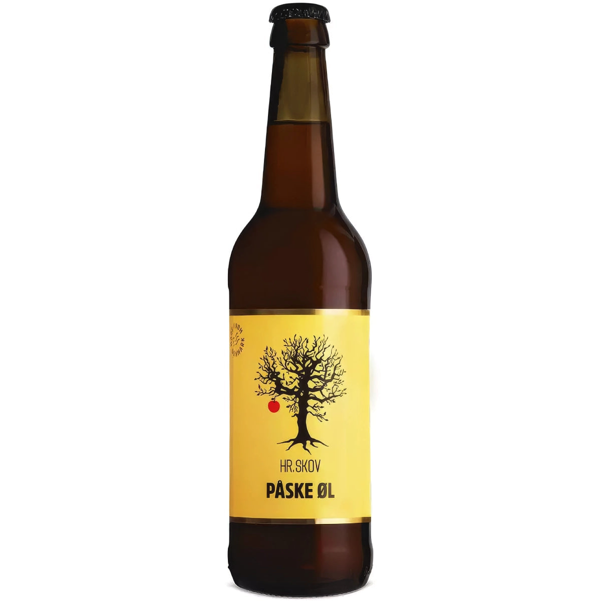 Flaske med Hr. Skov Påskebryg – kraftig øl brygget med byg- og hvedemalt, whisky og blommer, 50 cl og 8,2% alkohol, fyldig øl til påskebordet og kraftige retter
