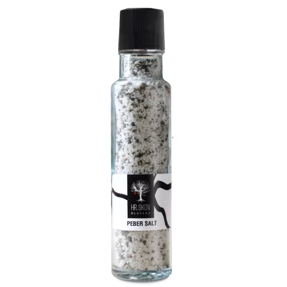 Hr. Skov peber salt i kværn – salt (93%) og sort peber (7%) i kværn, 270 g, til krydring af kød, fisk, grøntsager, kartofler og salater