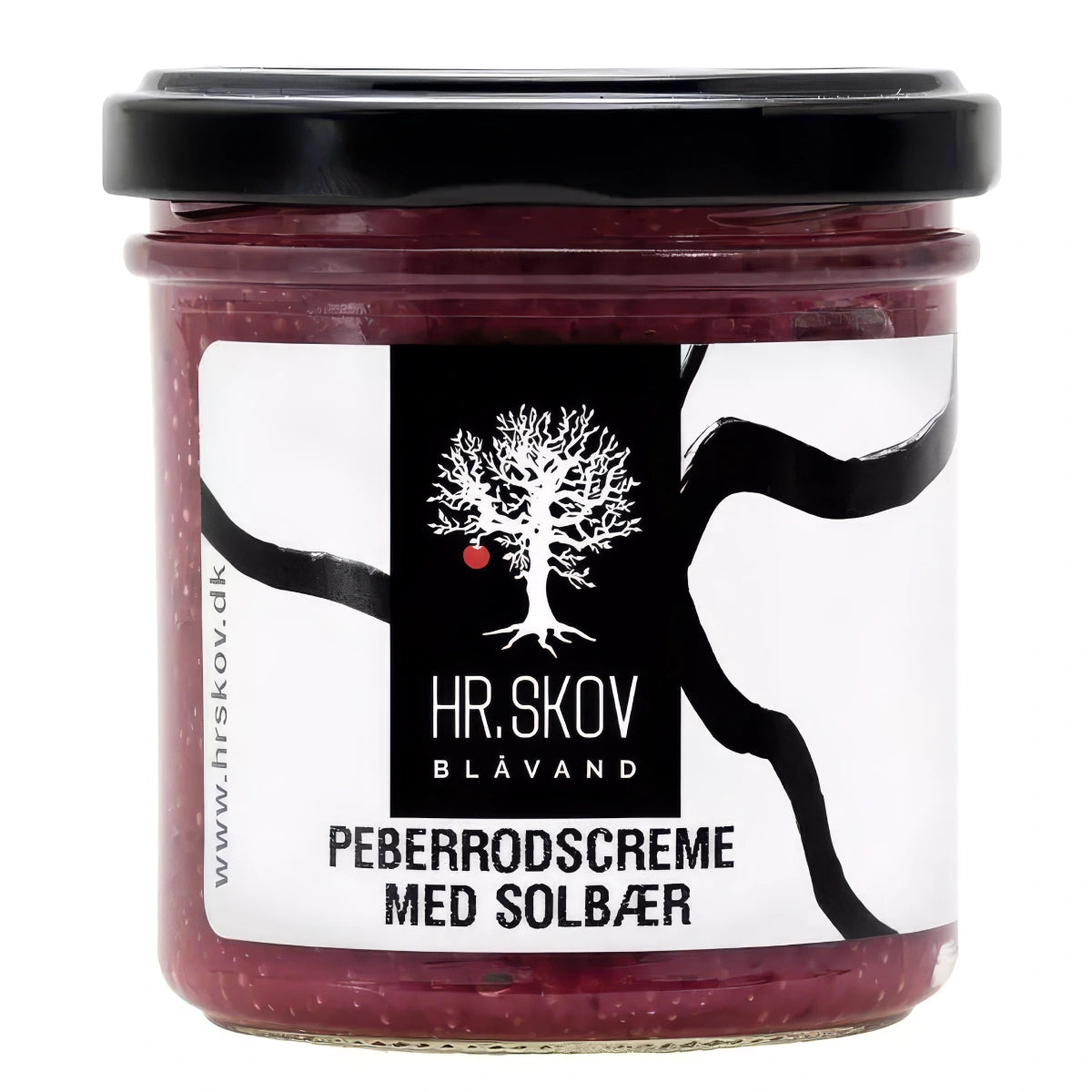 Glas med Hr. Skov peberrodscreme med solbær – cremet mayonnaise med solbær (16%) og peberrod (19%), 140 g, til roastbeef, fisk, smørrebrød og sandwich