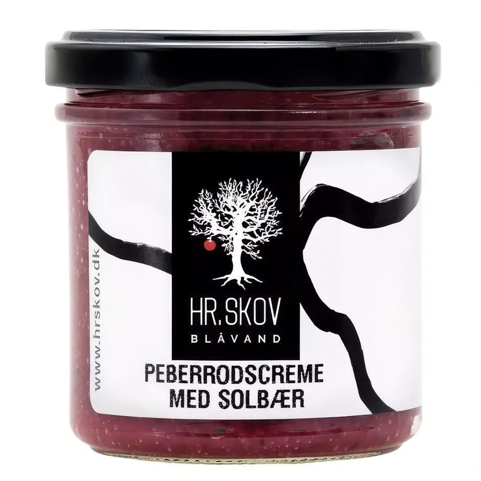 Glas med Hr. Skov peberrodscreme med solbær – cremet mayonnaise med solbær (16%) og peberrod (19%), 140 g, til roastbeef, fisk, smørrebrød og sandwich