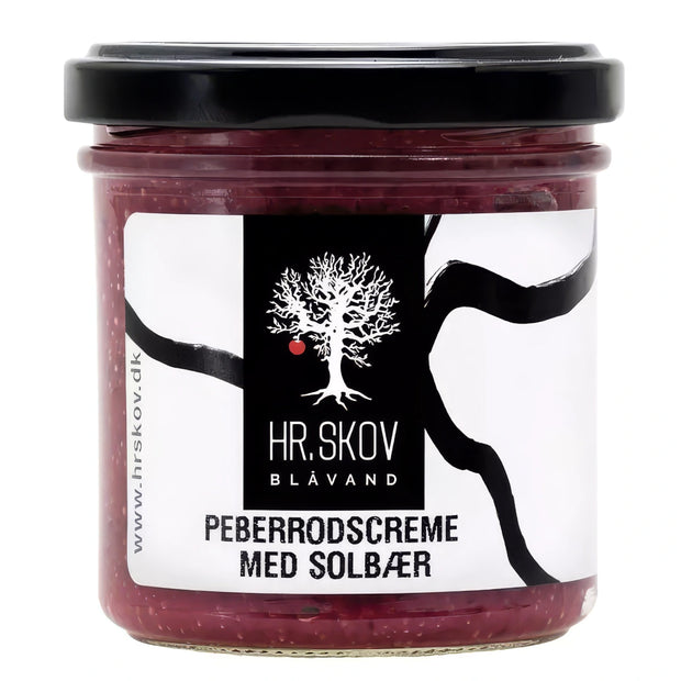 Glas med Hr. Skov peberrodscreme med solbær – cremet mayonnaise med solbær (16%) og peberrod (19%), 140 g, til roastbeef, fisk, smørrebrød og sandwich
