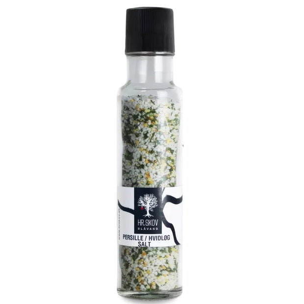 Hr. Skov persille hvidløgs salt med kværn – salt (91%) med hvidløg (7%) og persille (2%) i kværn, 260 g, til kartofler, kød, kylling og grøntsager
