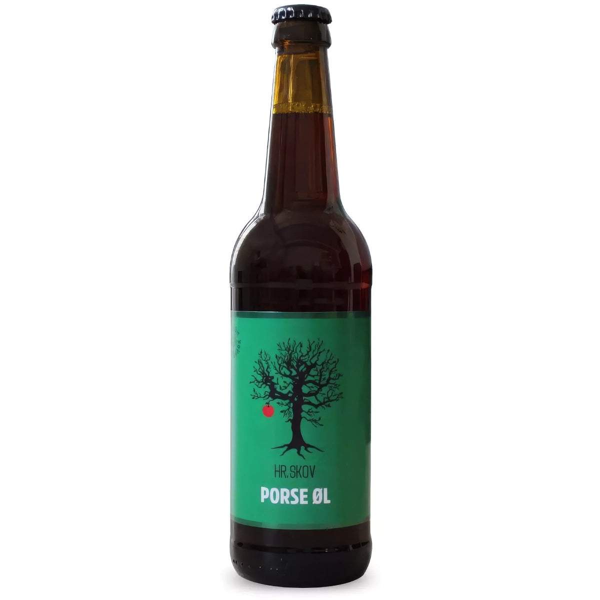 Flaske med Hr. Skov Porse øl – mørk ale brygget på bygmalt med humle, honning og porse, 50 cl og 5,5% alkohol, fyldig øl med aromatisk karakter til frokostbord og varme retter