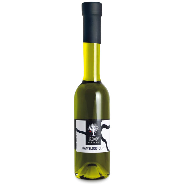 Flaske med Hr. Skov ramsløg olie – rapsolie med ramsløg (5%), 20 cl, til salater, pasta, grøntsager, kartofler og som aromatisk finish på fisk og kylling